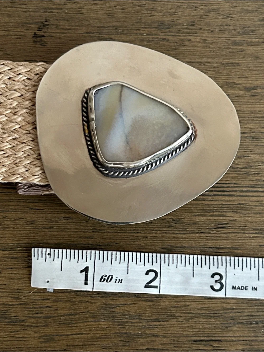 Vintage Y2K Jute Woven Belt Silver Statement Buckle W/ Mother Of Pearl Inlay.